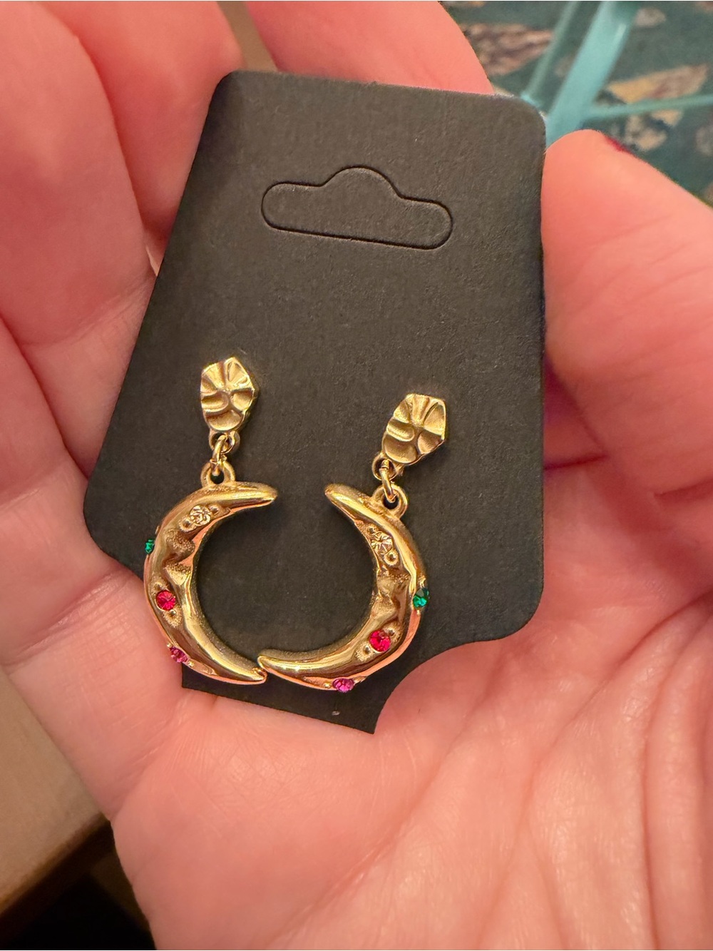 Gold Crescent Moon Drop Gemstone Earrings - Picture 3 of 6